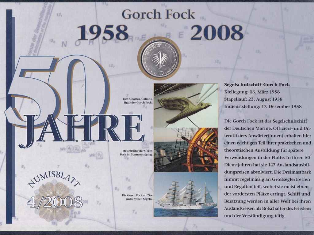 Németország 50 éves a Gorch Fock .925 ezüst 10 Euro + Bélyeg 2008 J PP