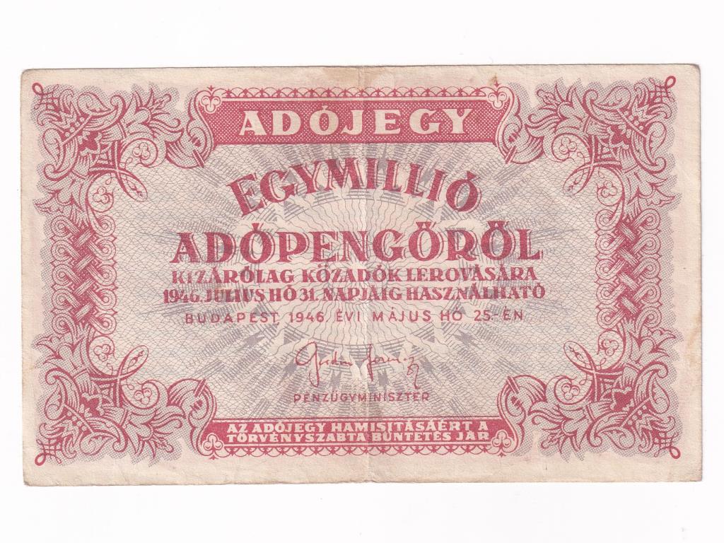 Adójegyek 1 millió Adópengő bankjegy 1946 sorszám nélkül