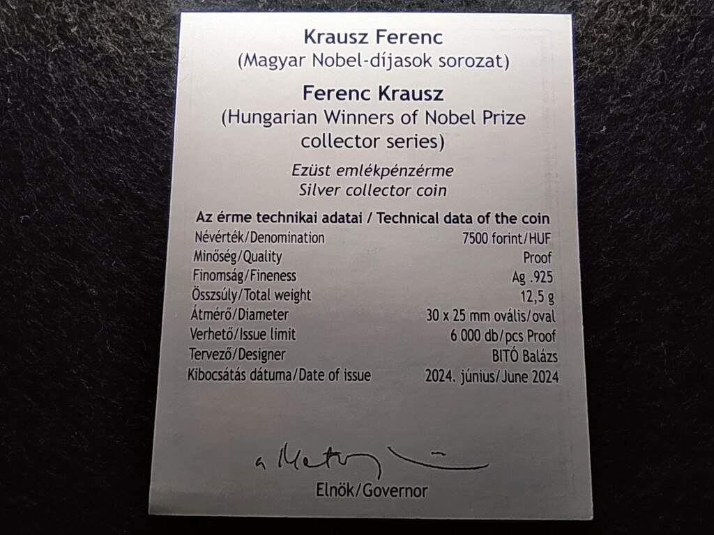 Magyarország Magyar Nobel-díjasok Krausz Ferenc 2024 Tanúsítvány