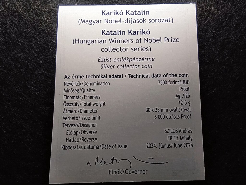 Magyarország Magyar Nobel-díjasok Karikó Katalin 2024 Tanúsítvány