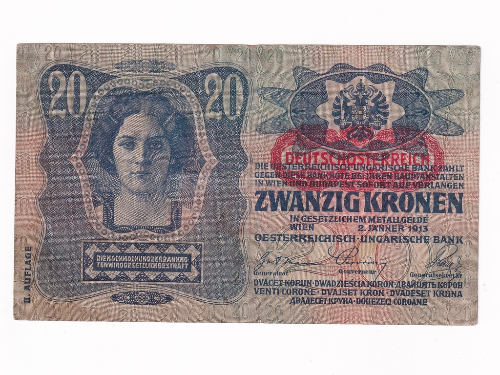 Osztrák-Magyar (1912-1915) 20 Korona bankjegy Felülbélyegzett 1913