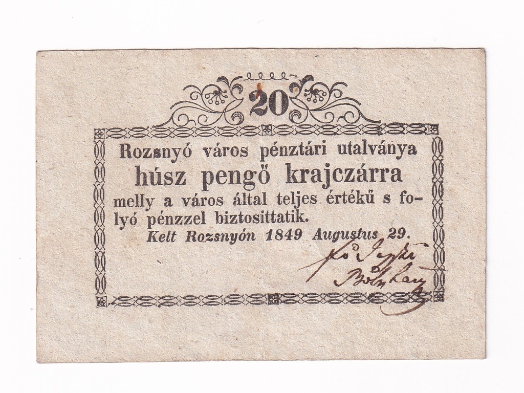 Rozsnyó 20 Pengő Krajczárra bankjegy 1849