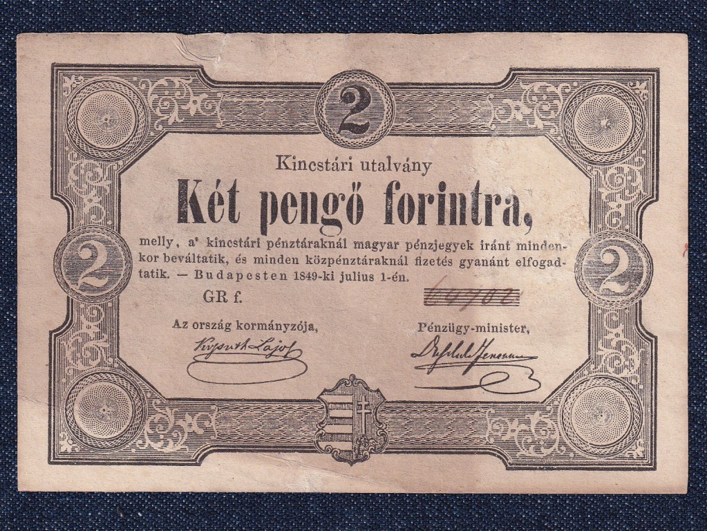 Szabadságharc (1848-1849) Kossuth bankó 2 Pengő Forintra bankjegy 1849