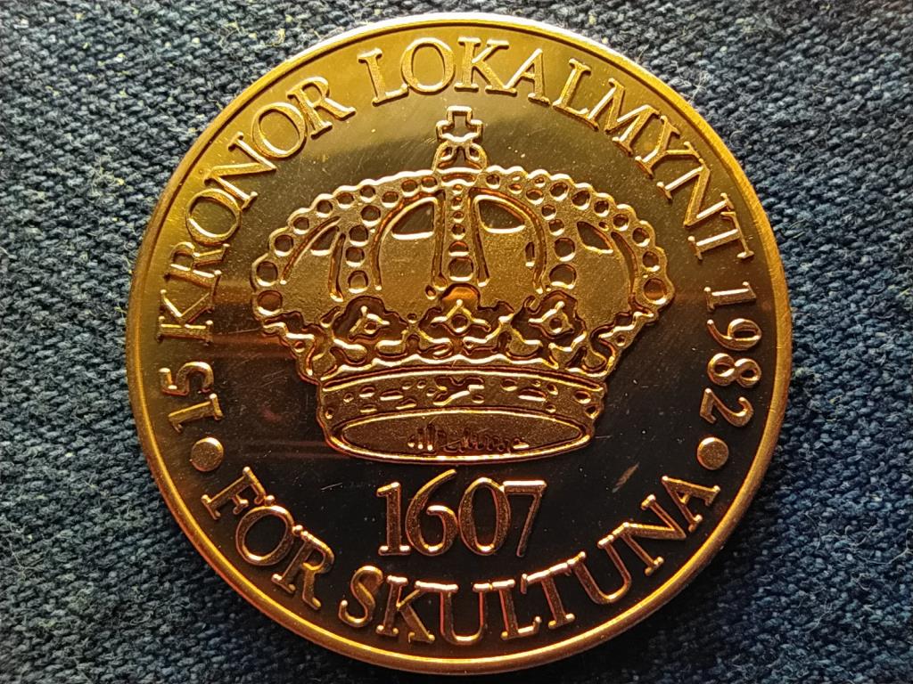 Svédország Skultuna 1607-1982 manufaktúra réz 15 korona helyi pénz