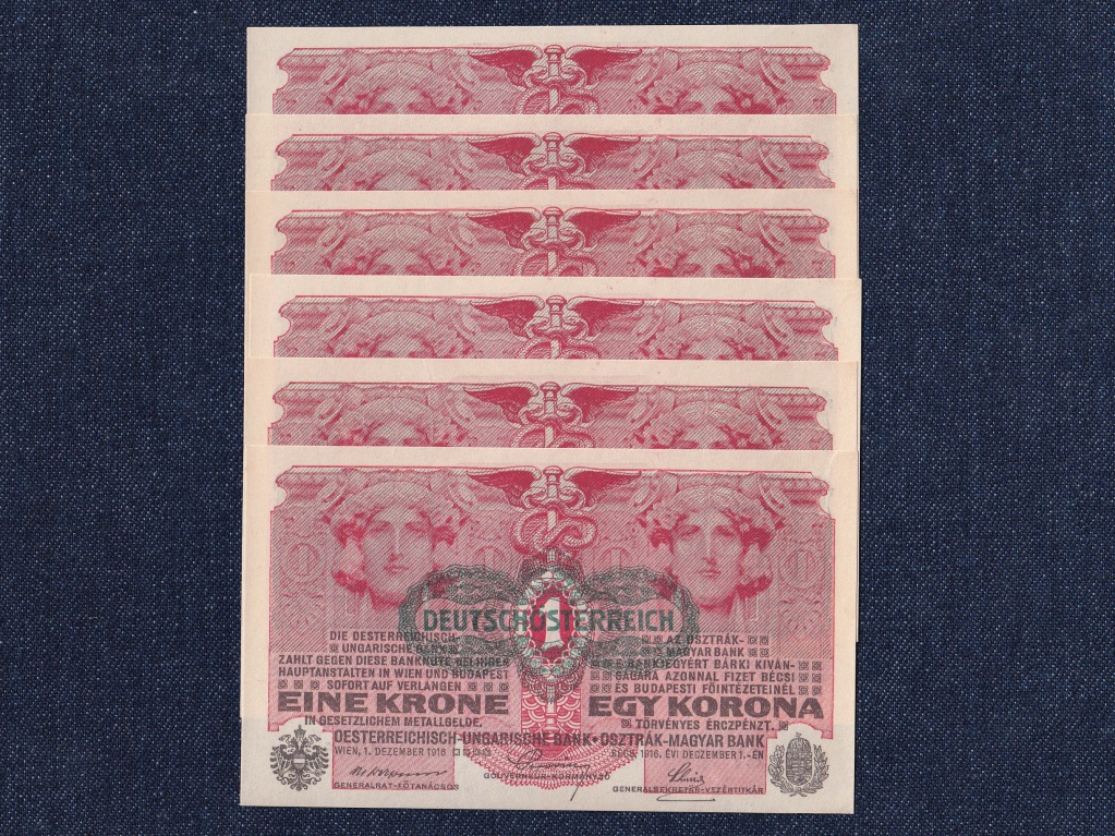 Osztrák-Magyar (háború alatt) 1 Korona bankjegy 1916 6 db sorszámkövető UNC