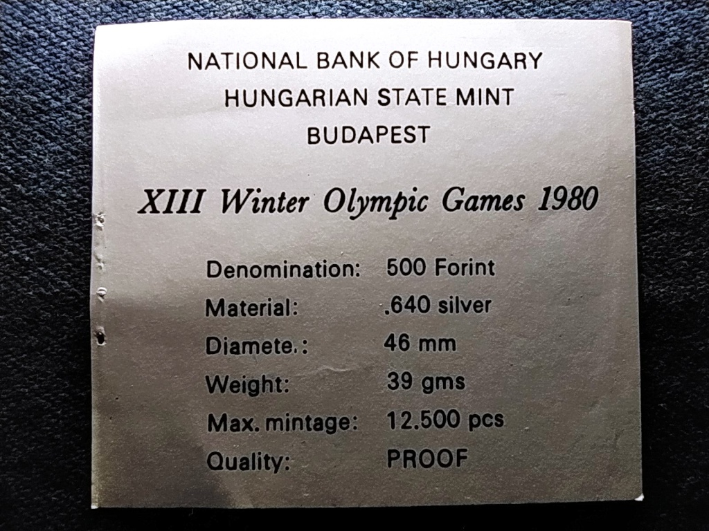 XIII. Téli olimpiai játékok Lake Placid .640 ezüst 500 Forint 1980 Tanúsítvány