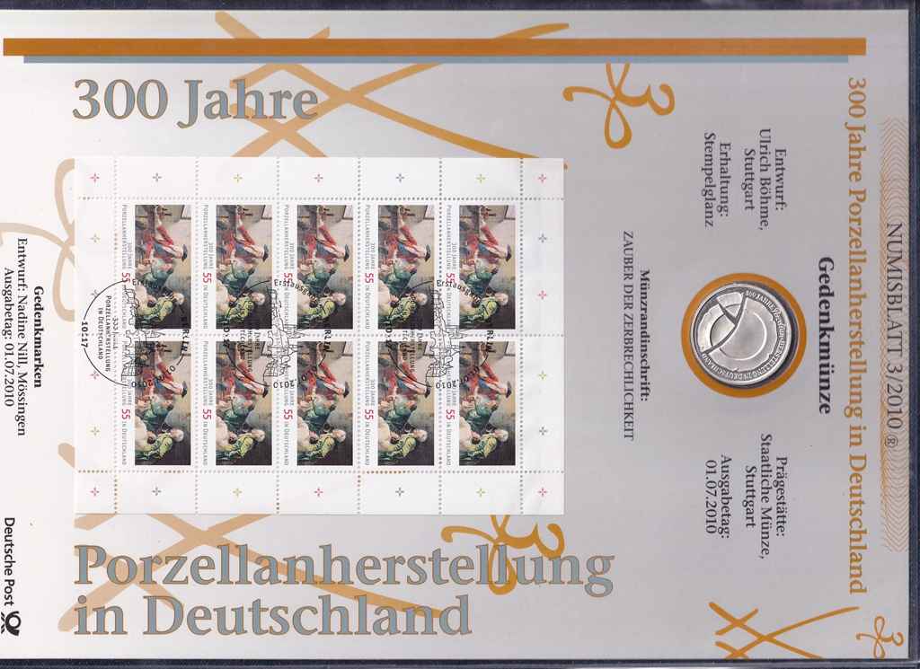 Németország 300 éves a Porcelángyártás .925 ezüst 10 Euro + Bélyeg 2010 F PP