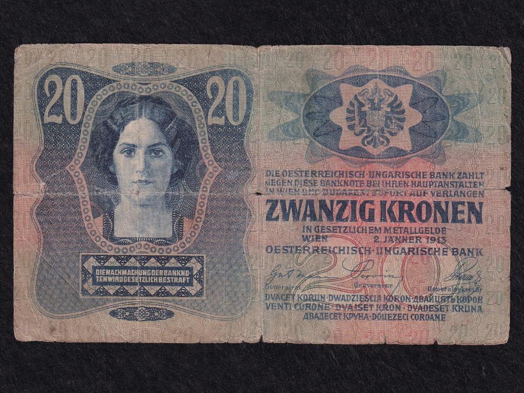 Osztrák-Magyar (1912-1915) 20 Korona bankjegy Magyarország Felülbélyegzett 1913