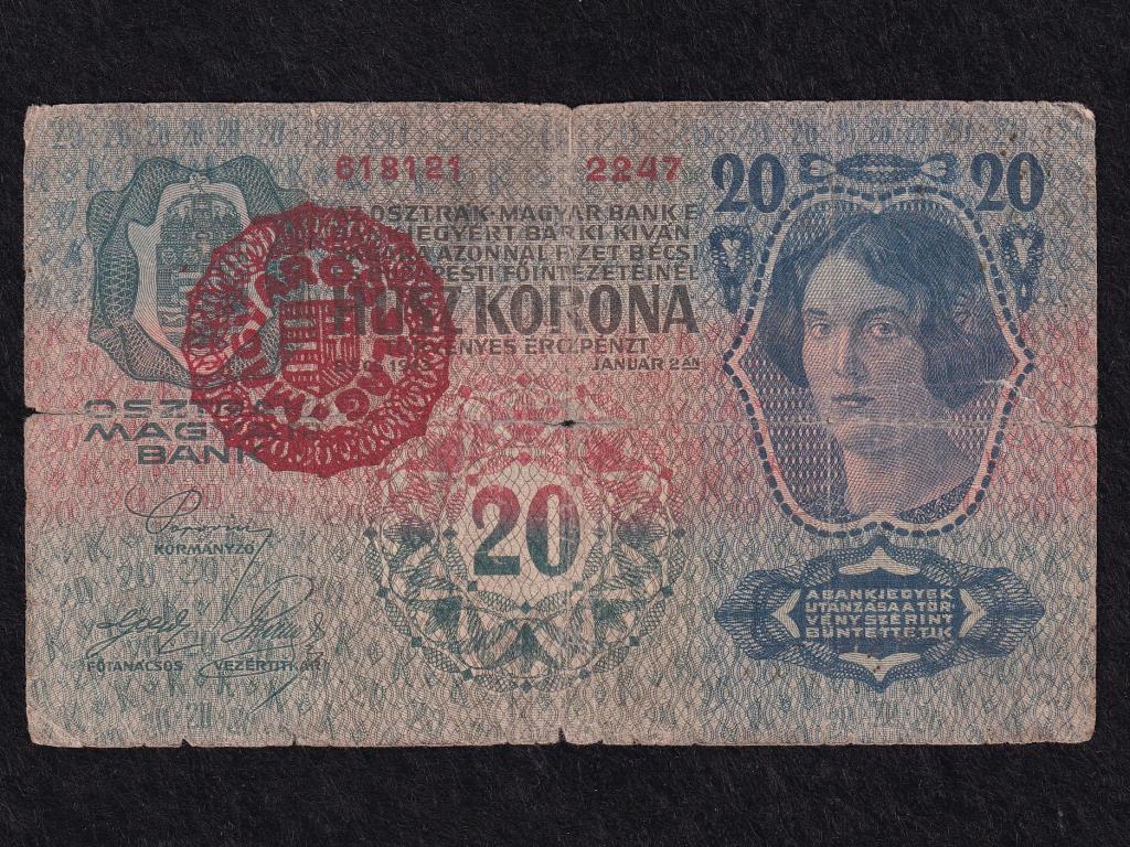Osztrák-Magyar (1912-1915) 20 Korona bankjegy Magyarország Felülbélyegzett 1913