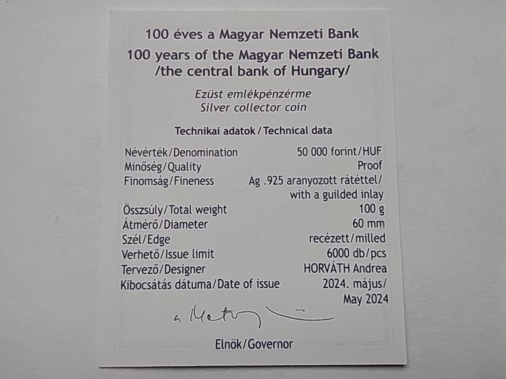 Magyarország 100 éves a Magyar Nemzeti Bank .925 Ezüst 50000 Forint 2024 BP PP