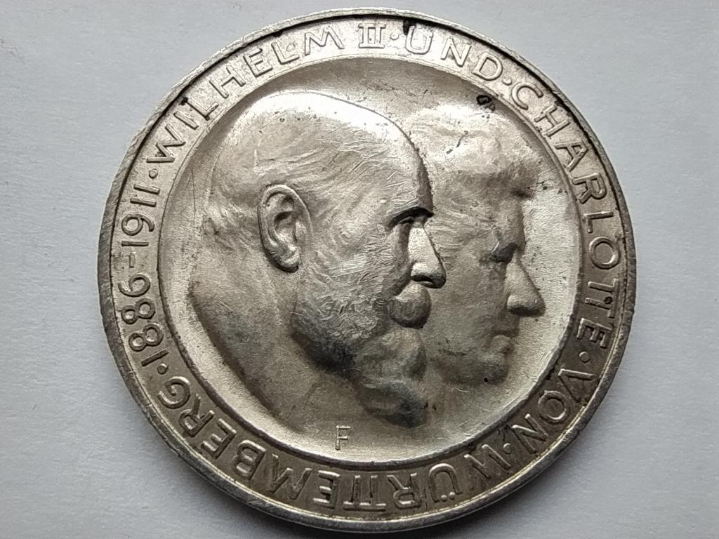 Német Államok Württemberg II. Vilmos és Sarolta .900 Ezüst 3 Márka 1911 F