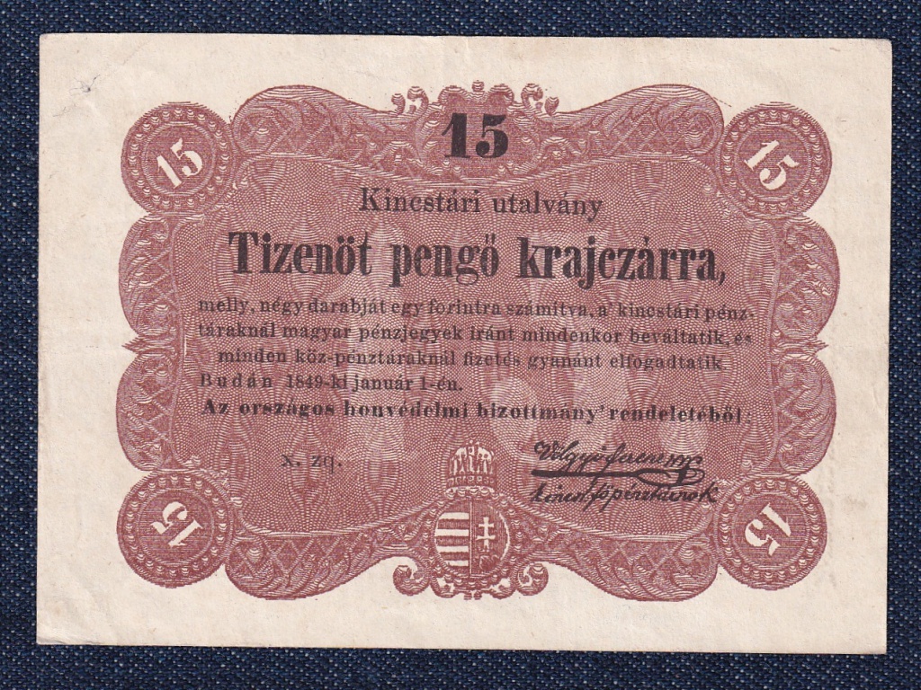 Szabadságharc (1848-1849) Kossuth bankó 15 Pengő Krajczárra bankjegy