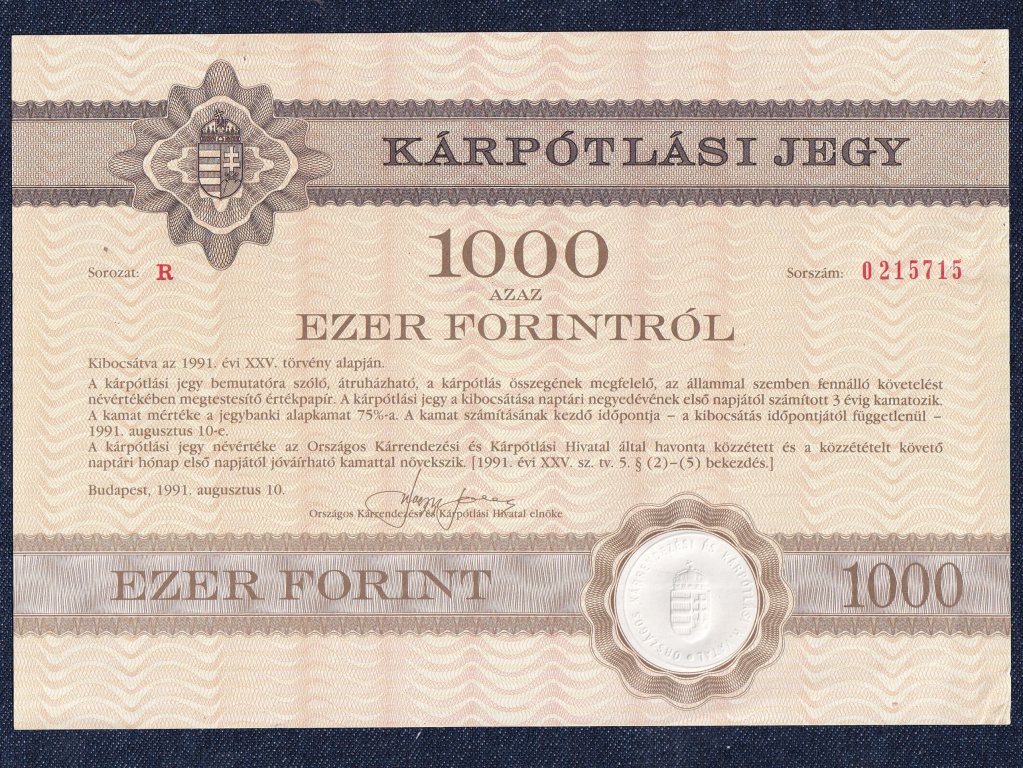 Kárpótlási jegy 1000 Forint bankjegy