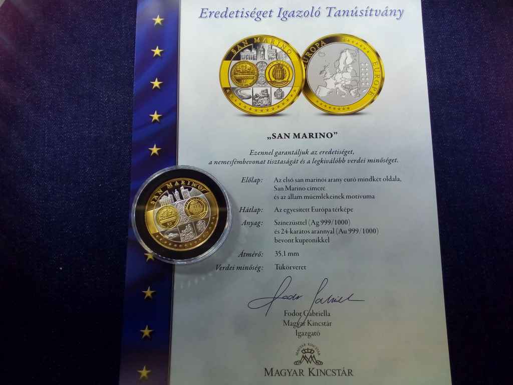 Euróövezet országainak közös valutája San Marino aranyozott emlékérem