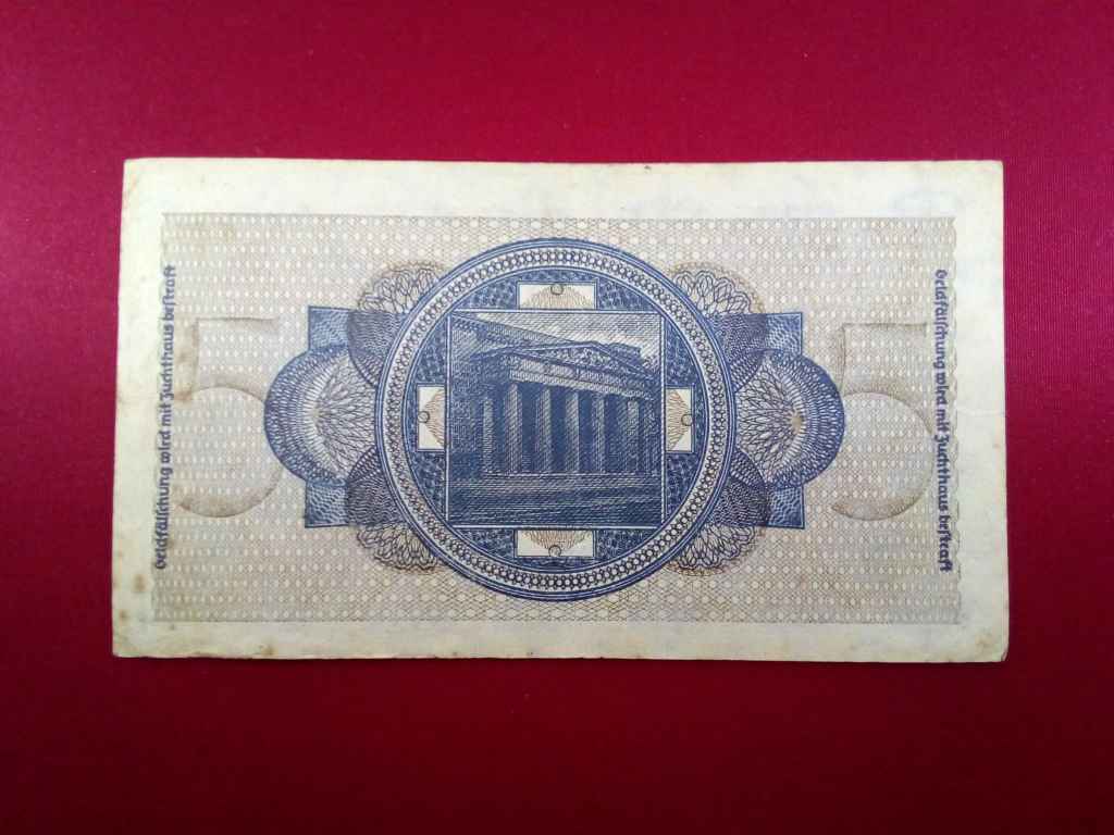 Németország II. VH Megszállt német terület 5 birodalmi márka bankjegy