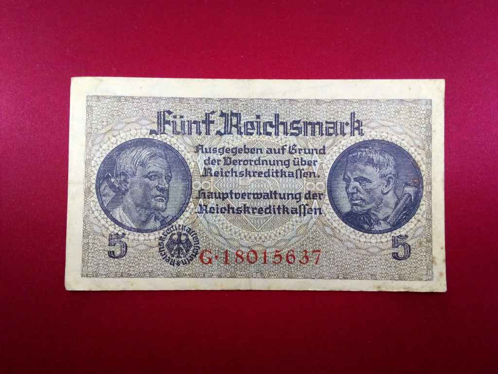 Németország II. VH Megszállt német terület 5 birodalmi márka bankjegy