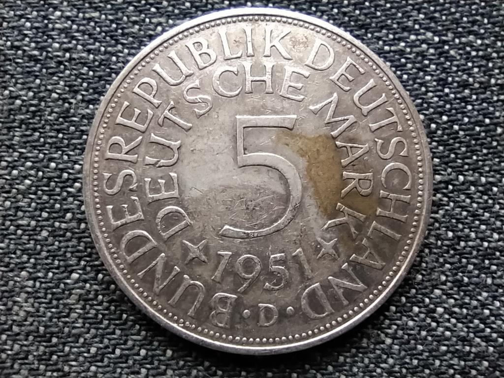 Németország NSZK (1949-1990) .625 ezüst 5 Márka 1951 D