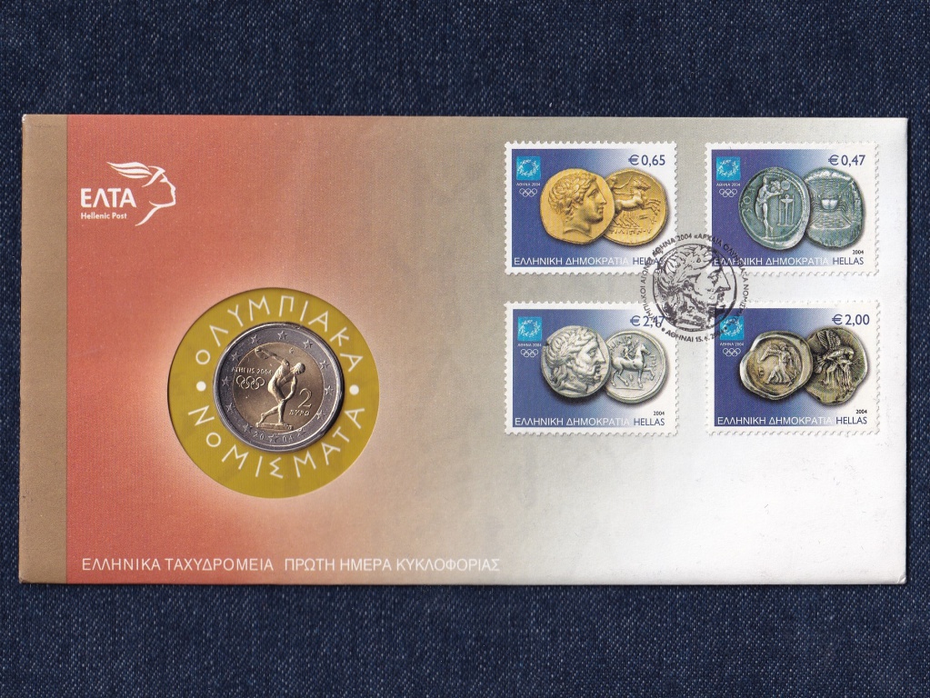 XXVIII. Olimpiai játékok 2004 Athén 2 euro emlék érem és ókori érmék bélyegen UNC