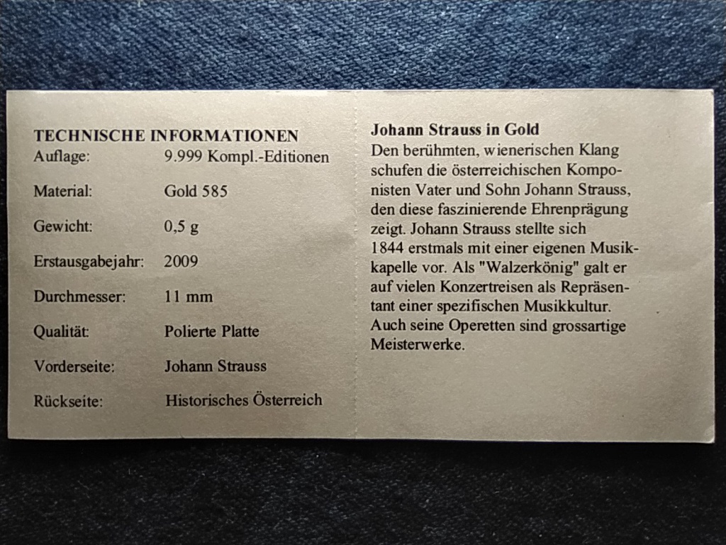 Történelmi Ausztria mini arany Johann Strauss 1825-1899 .585 arany 0,5g PP
