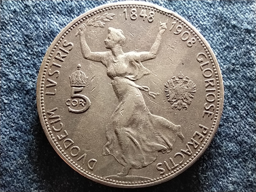 Ausztria I. Ferenc József uralkodásának 60. évfordulója .900 ezüst 5 Korona 1908