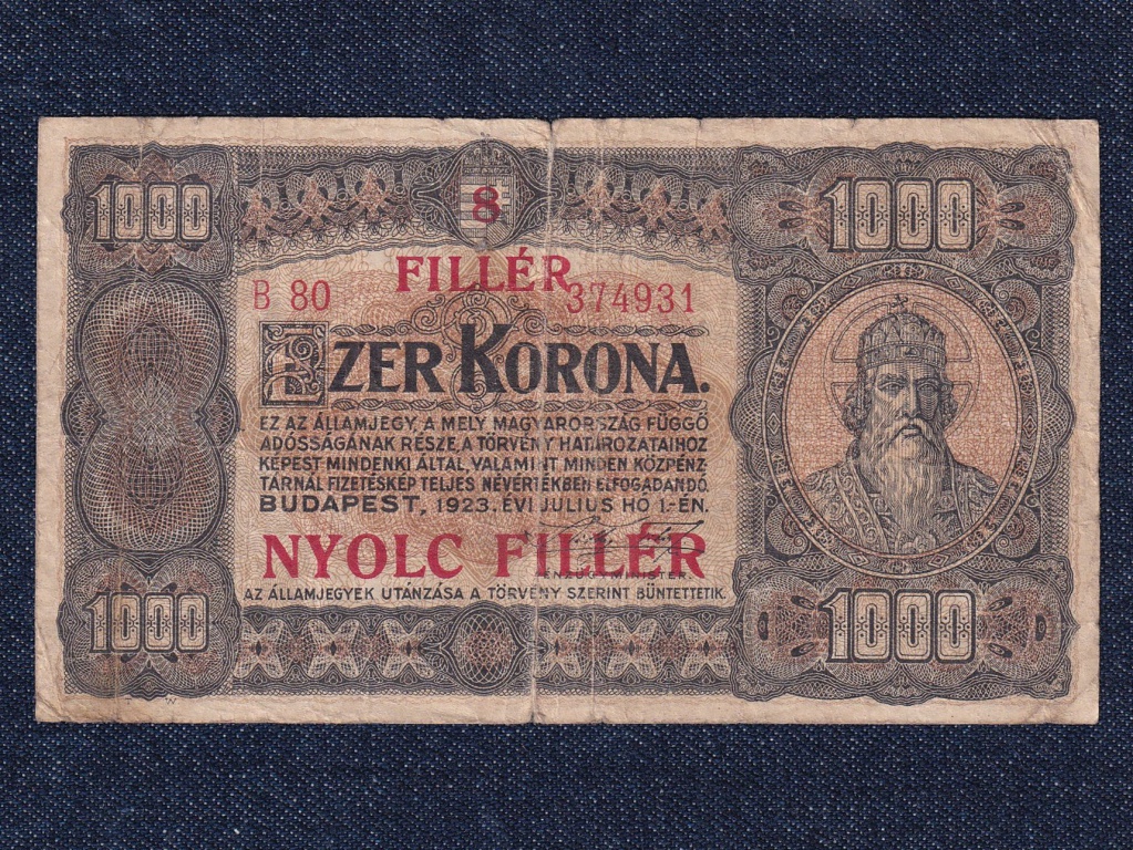 Kisméretű Korona államjegyek 1000 Korona 8 fillér bankjegy 1923