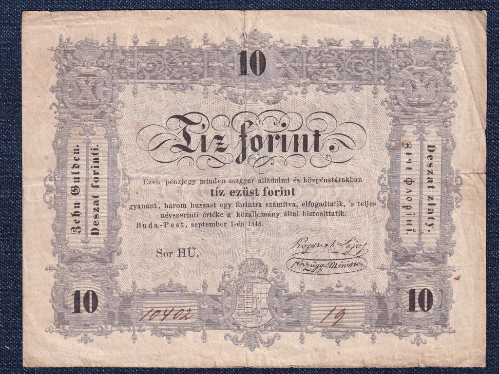 Szabadságharc (1848-1849) Kossuth bankó 10 Forint 1848 lefelé hajlított levelek
