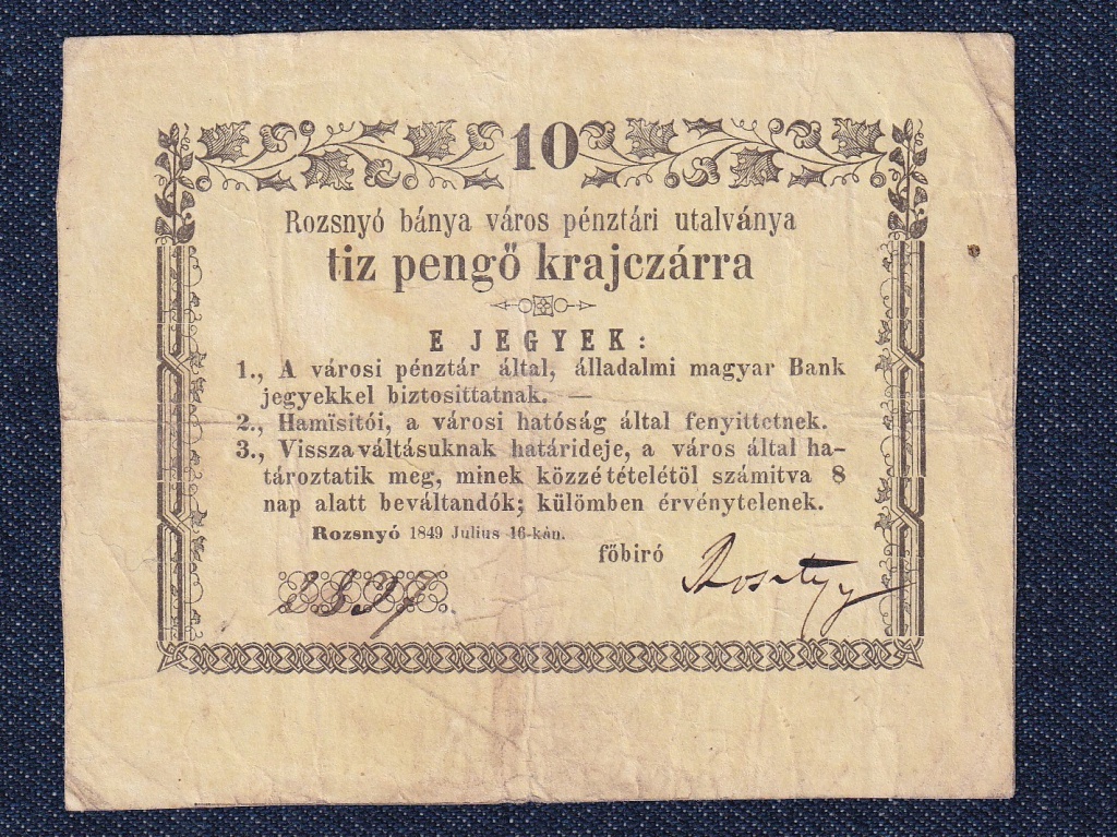 Rozsnyó 10 Pengő Krajczárra bankjegy 1849