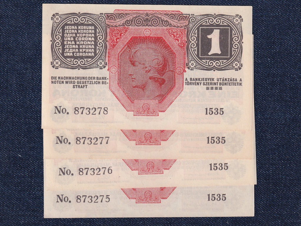 Osztrák-Magyar (háború alatt) 1 Korona bankjegy 1916 4 db sorszámkövető UNC