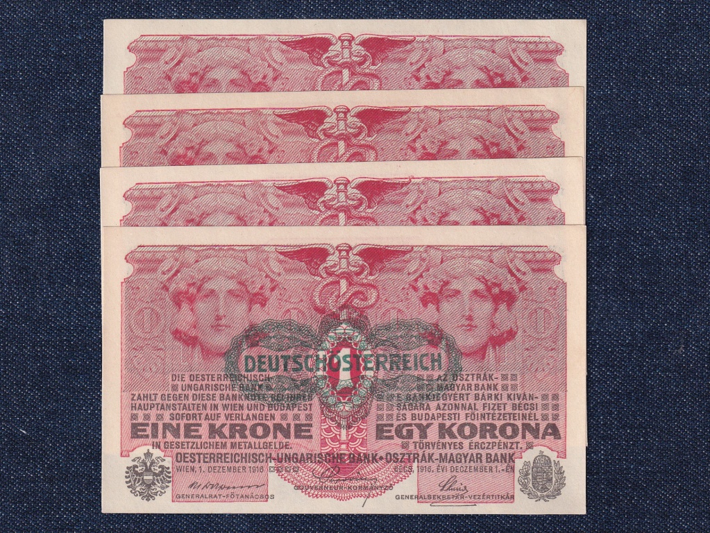 Osztrák-Magyar (háború alatt) 1 Korona bankjegy 1916 4 db sorszámkövető UNC