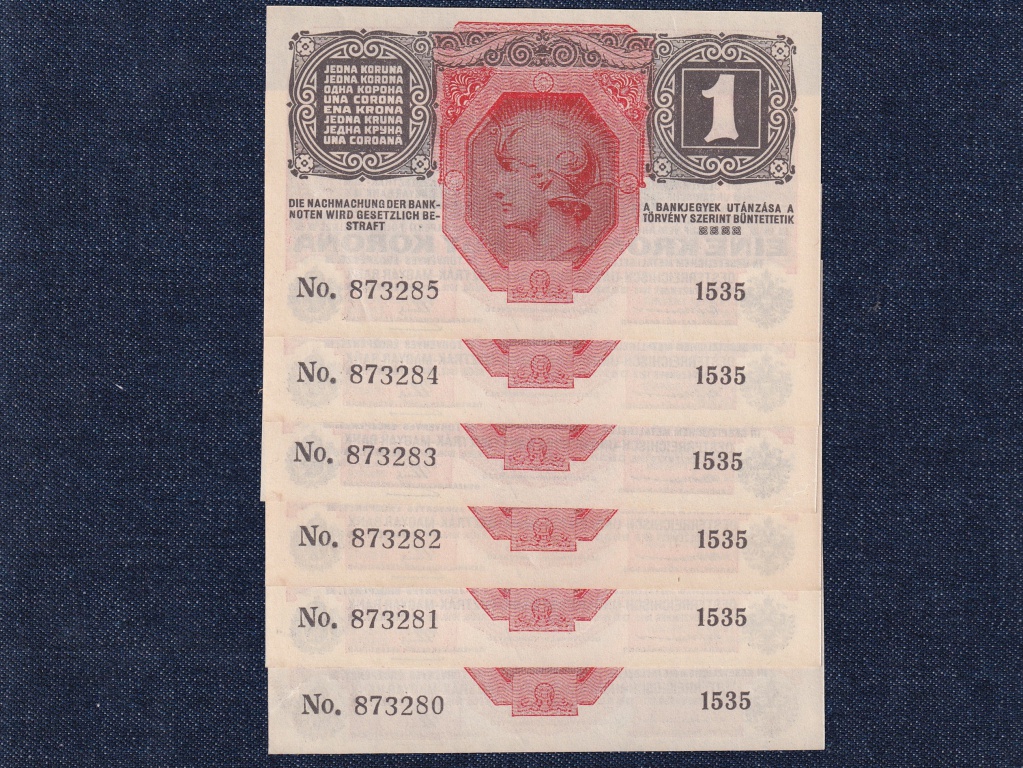 Osztrák-Magyar (háború alatt) 1 Korona bankjegy 1916 6 db sorszámkövető UNC