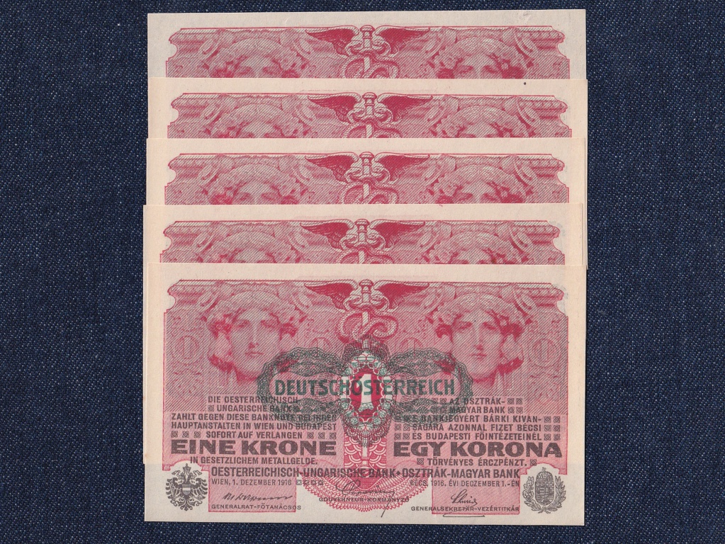 Osztrák-Magyar (háború alatt) 1 Korona bankjegy 1916 5 db sorszámkövető UNC
