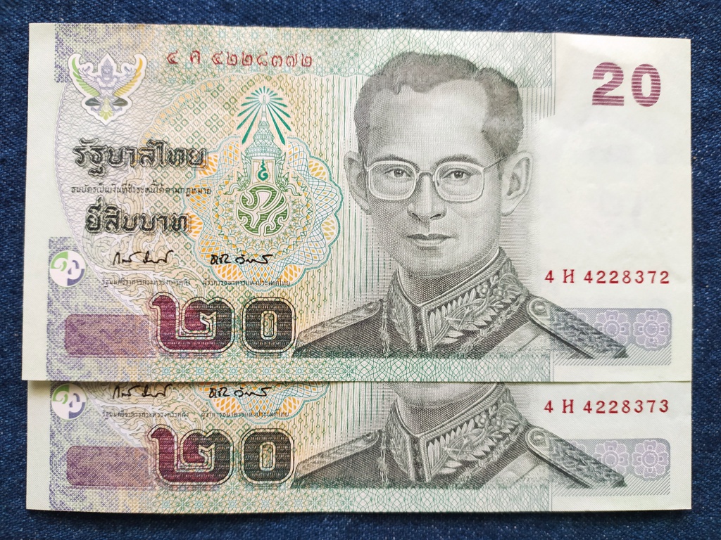 Thaiföld 20 baht bankjegy 2003 2 db sorszámkövető