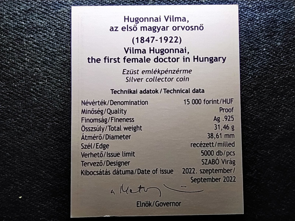 Hugonnai Vilma az első magyar orvosnő .925 ezüst 15000 Forint 2022 BP PP