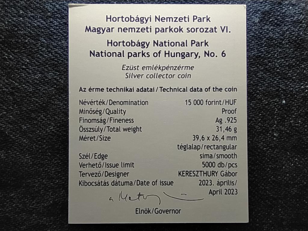 Hortobágyi Nemzeti Park .925 ezüst 15000 Forint 2023 certificate