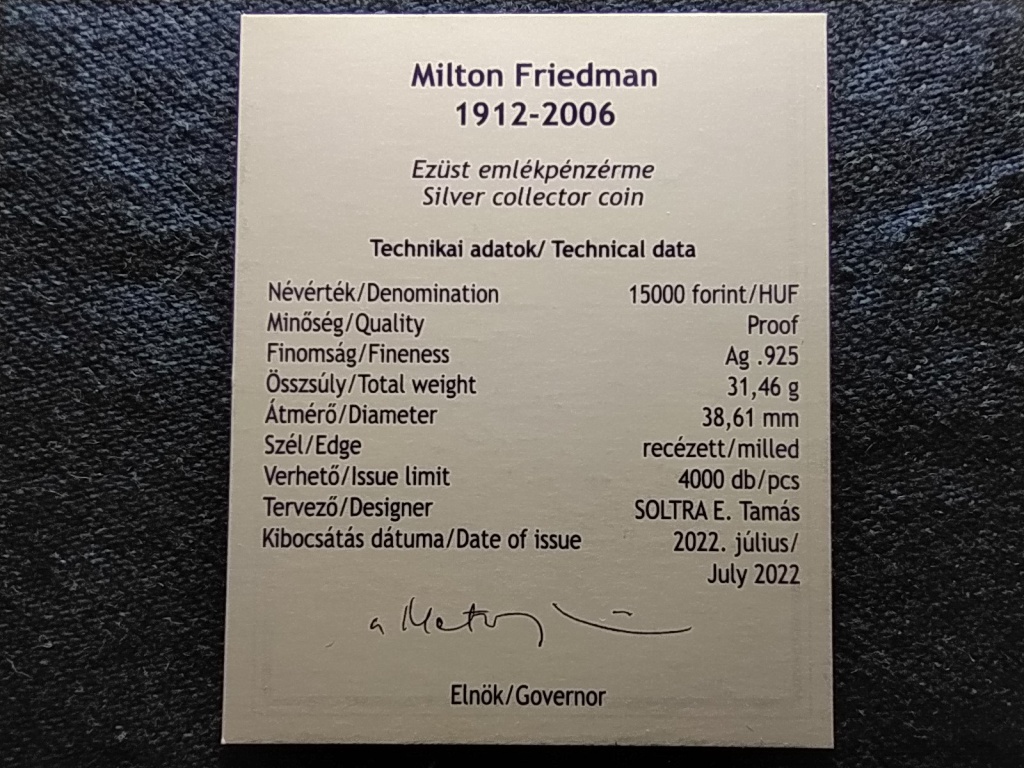 110 éve született Milton Friedman 2022 certificate