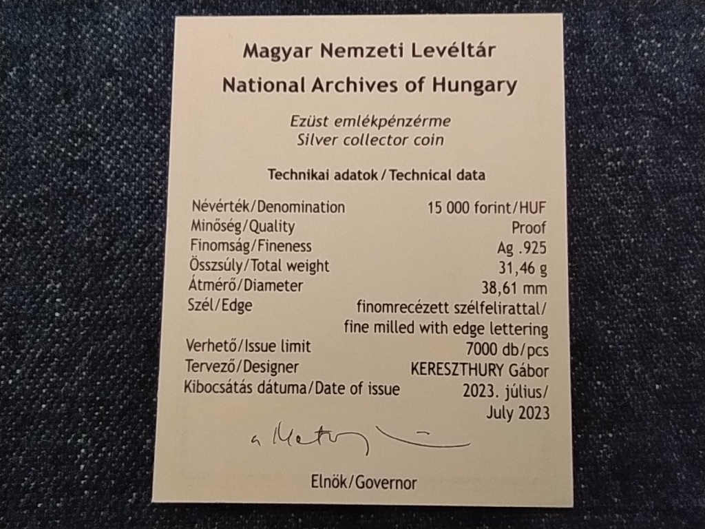 Magyarország Magyar Nemzeti Levéltár .925 Ezüst 15000 Forint 2023 Tanúsítvány