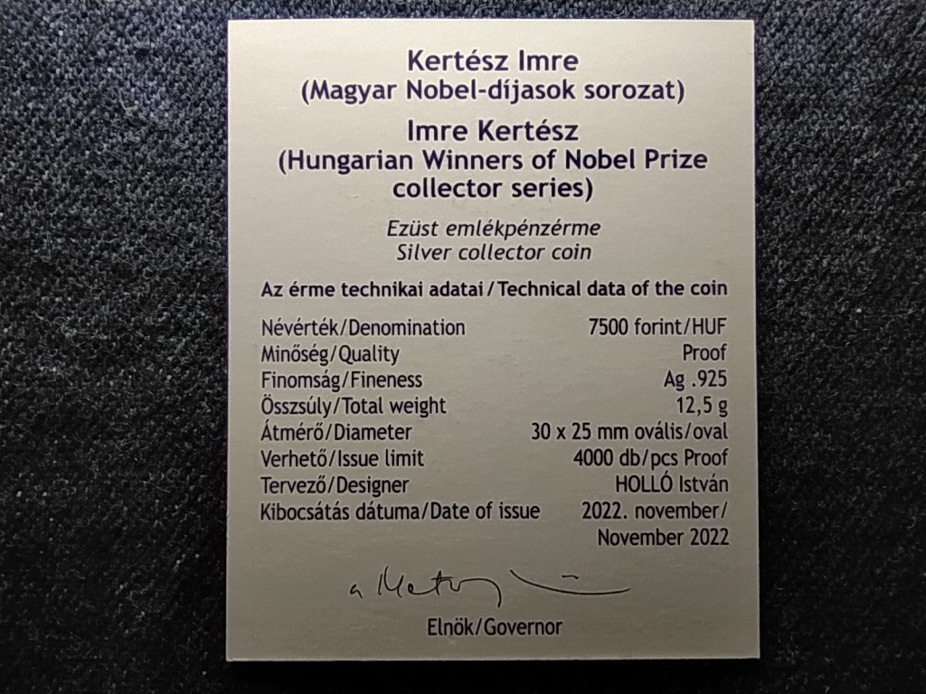 Kertész Imre (1929 –2016) 2022 Tanúsítvány